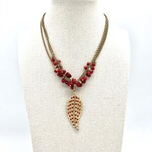Red Beaded Necklace Gold Leaf‎ Pendant Layered Chain Statement Jewelry